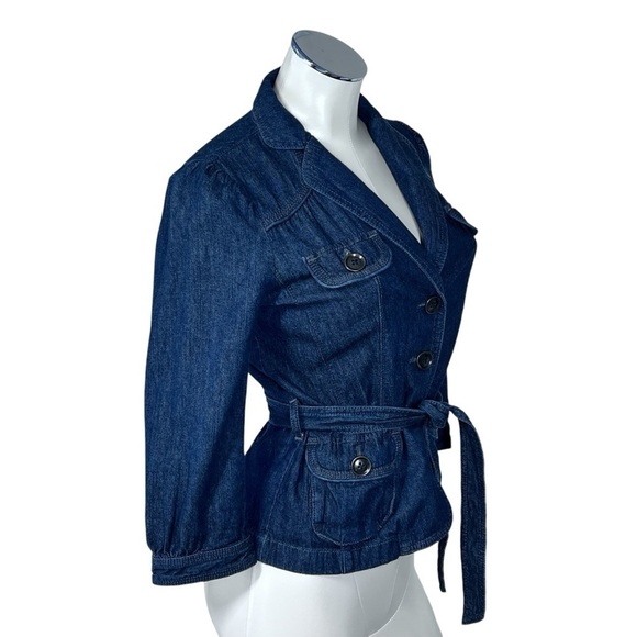 ANN TAYLOR LOFT Dark Denim Jacket Button-up 3/4 Sleeves with Belt Tie Women's SP - Picture 2 of 16